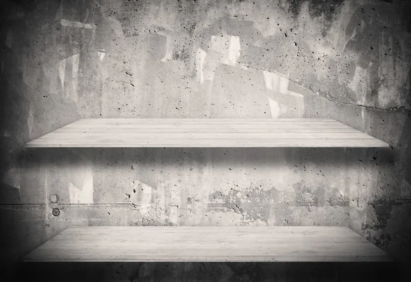 Concrete grunge weathered gray wall with wooden shelf, table surface — Stock Photo, Image