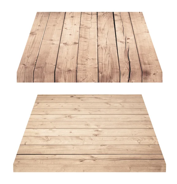 Prateleiras de madeira ou mesa isoladas em branco — Fotografia de Stock