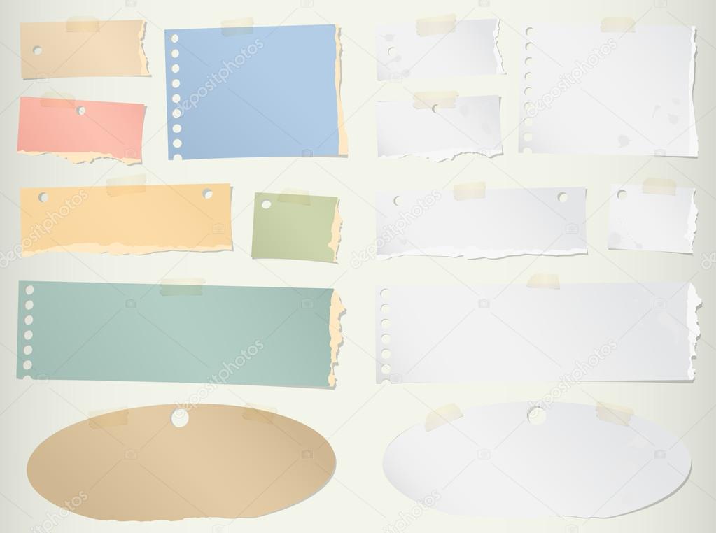 Pieces of torn colorful blank note paper with adhesive tape