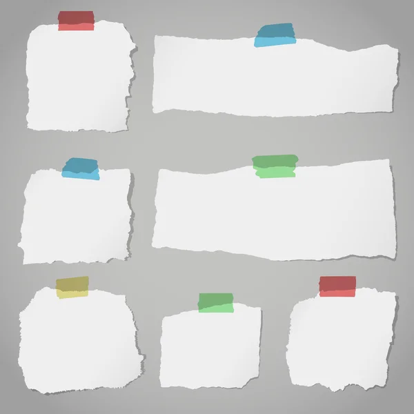 Pedaços de papel branco rasgado com fita adesiva colorida no fundo cinza — Vetor de Stock