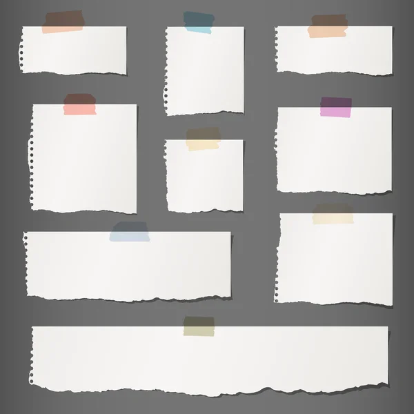 Pieces of torn white blank note paper with colorful sticky tape on dark gray background — Stock Vector