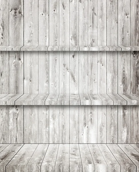 Sala de madeira cinza, piso, parede e prateleiras — Fotografia de Stock