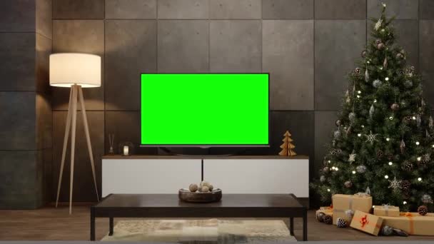 Рождественская Елка Диван Подарки Телевизор Зеленым Экраном — стоковое видео