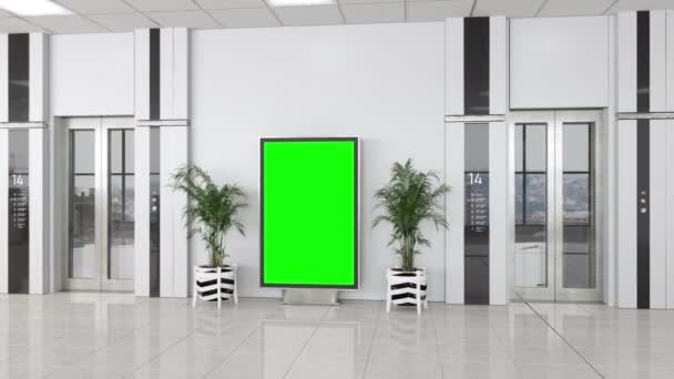 Modern Office Hotel Entrance Blank Billboard Potted Plants Elevators Royalty Free Stock Footage