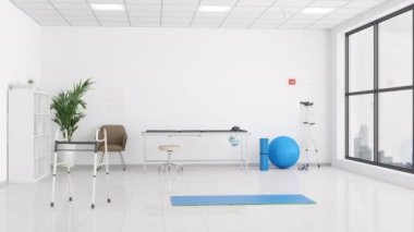 Muayene masası, hareketli yürüteç, koltuk değneği, mavi renkli spor topu ve spor spreyi olan bir fiziksel terapi odasının içi.