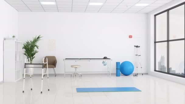 Interior Physical Therapy Room Examination Table Mobility Walker Crutch Blue Stock Footage