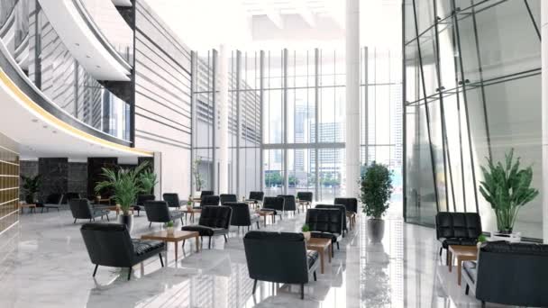 Luxury Hotel Lobby Company Lobby Czarnymi Kolorowymi Skórzanymi Fotelami Roślinami — Wideo stockowe