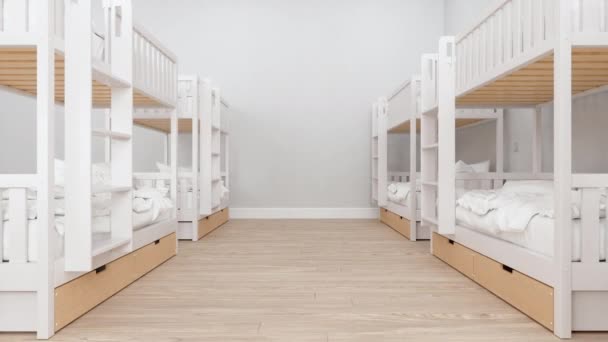Modern College Dorm Room Messy Bunk Beds Parquet Floor Stock Video