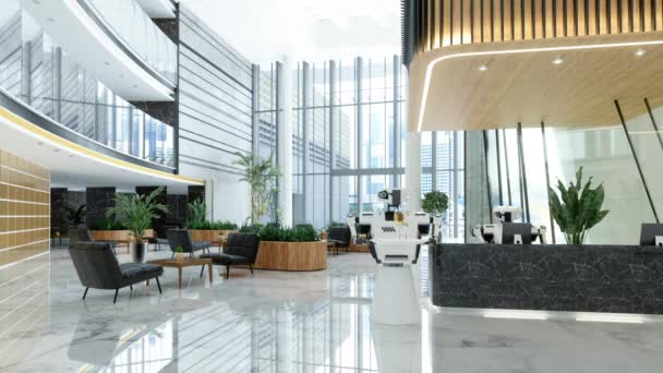 Luxus Hotel Lobby Intelligens Robotokkal Recepciósként Pincérként Dolgozik Stock Videó