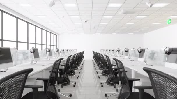 Side View Call Center White Color Desks Office Chairs Headsets Royalty Free Stock Footage