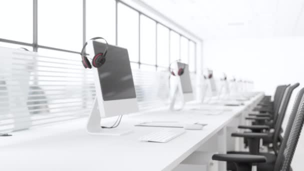Communication Support Concept Headsets Hanging Computer Monitors Call Center Blurry Royalty Free Stock Video