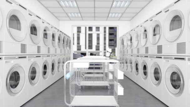 White Laundry Machines Dryers Row Laundromat Wheeled Laundry Baskets Royalty Free Stock Footage