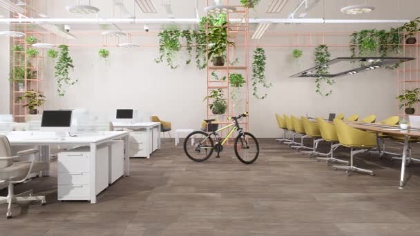 Interior Eco Friendly Office Space Houseplants Bicycle Push Scooter Stock Footage