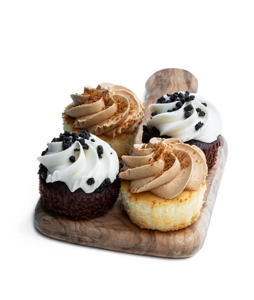 Ensemble Mini Cupcakes Sur Planche Bois Isolé Sur Blanc — Photo