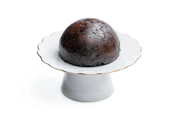 Traditional Festive Christmas Pudding Porcelain Cake Stand Isolated White — Stock Photo, Image