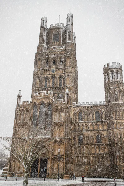 Paisagem Catedral Ely Durante Queda Neve Pesada — Fotografia de Stock
