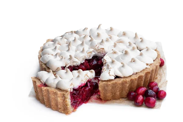 Meringue Covered Cranberry Tart Pie Slice Isolated White — Stock Photo, Image