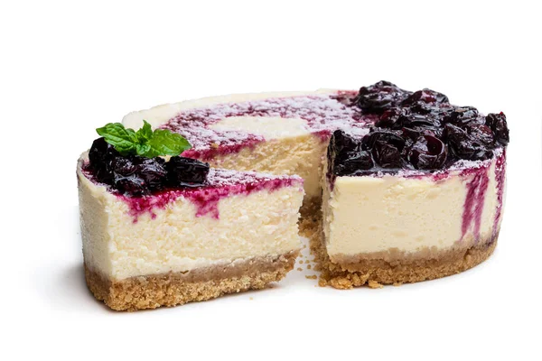 New York Style Cheesecake Jellied Blueberry Isolated White — Stock Photo, Image