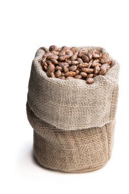 Beyaz arka planda izole edilmiş çuval bezindeki Pinto fasulyesi. 