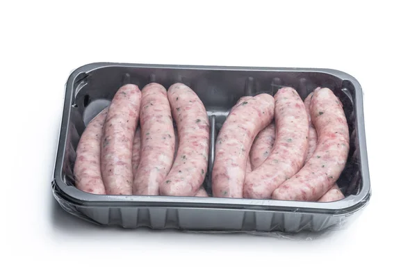 Schweinswürste Chipolatas Plastikverpackung Isoliert Auf Weiß — Stockfoto