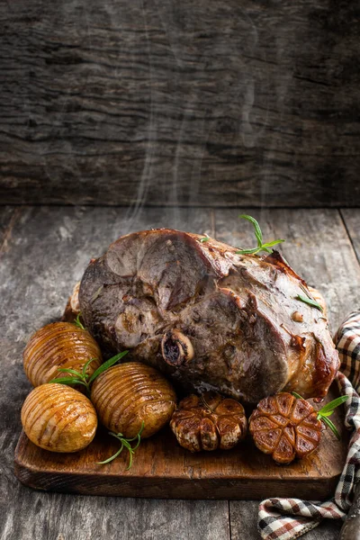 Roast Lamb Leg Potatoes Rosemary Cutting Board — Stock Photo, Image