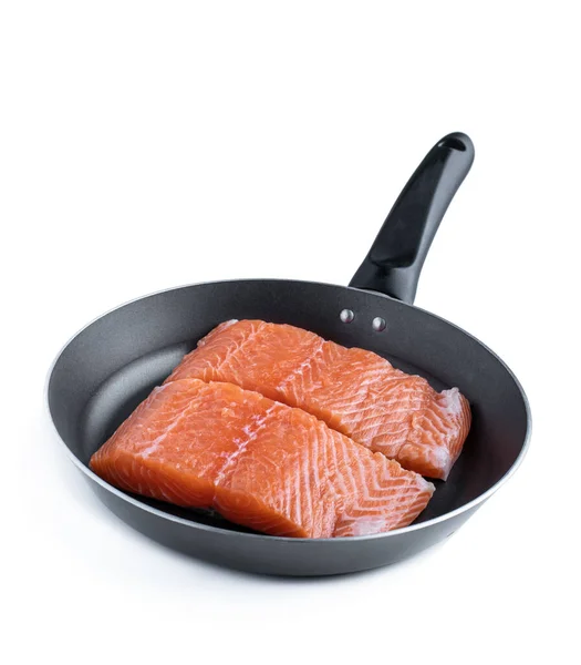 Fresh Salmon Steak Black Frying Pan Isolated White Ready Cooking — Stock Photo, Image