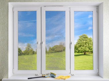 El bilgisayarı konseptiyle modern PVC pencereleri temizleme 