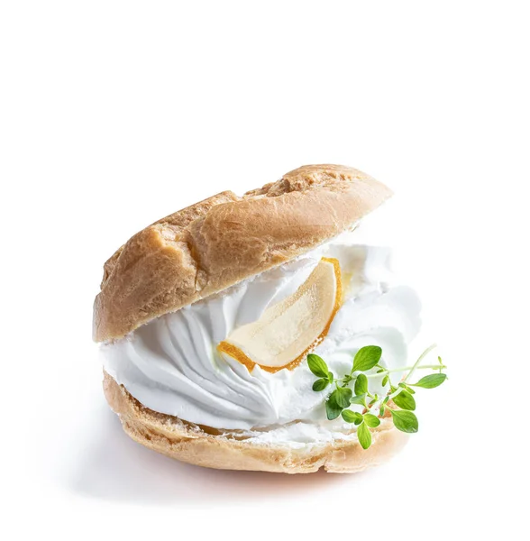 Shu Cake Profiteroles Whipped Cream Lemon Balm Isolated White — Stock Photo, Image