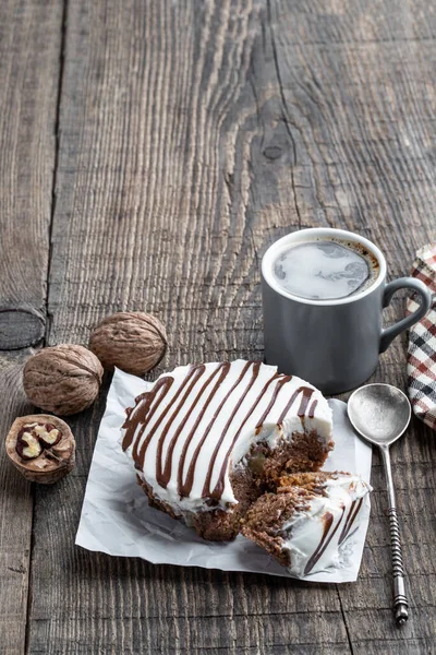 Decorated Sponge Cake Wooden Table Cup Coffee Spoon — Stock Photo, Image