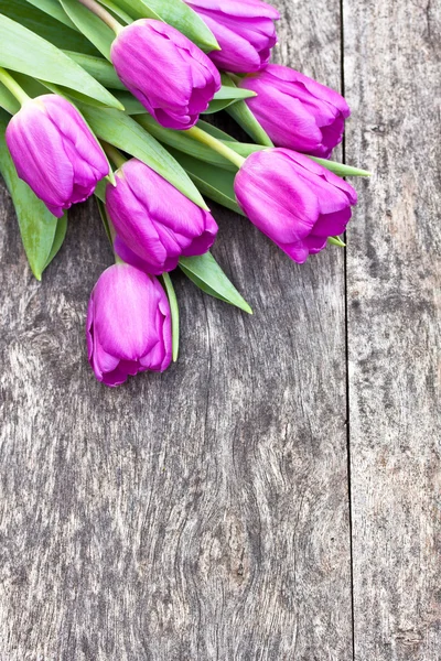 Bouquet of violet tulips on the oak brown table — Stock Photo, Image