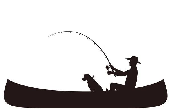Homens Cães Que Pescam Uma Canoe Silhouette —  Vetores de Stock