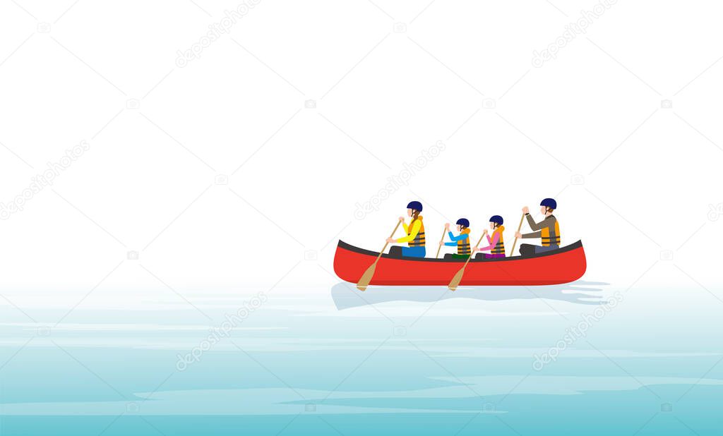 A family of four rowing a canoe