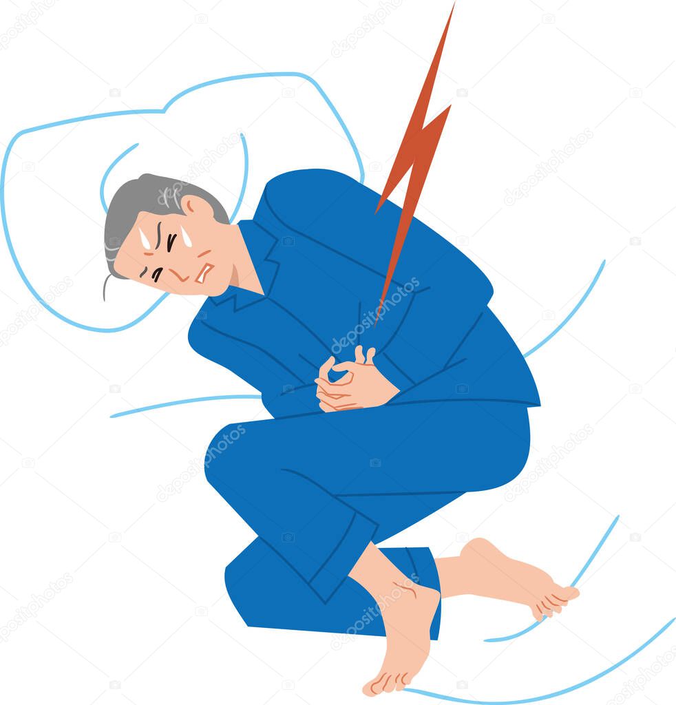 Senior man suffering from abdominal pain while sleeping