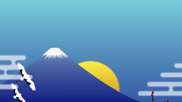 Восход Солнца Гора Фудзи Японский Кран Белая Слива Видеоматериал — стоковое видео