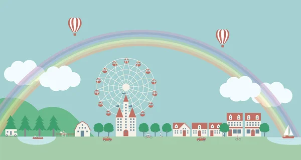 虹の空と観覧車のある風景 家と住民 — ストックベクタ