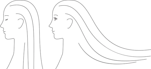 Perfil Femenino Línea Dibujo Pelo Liso Revoloteando Viento Imagen Vectorial — Archivo Imágenes Vectoriales