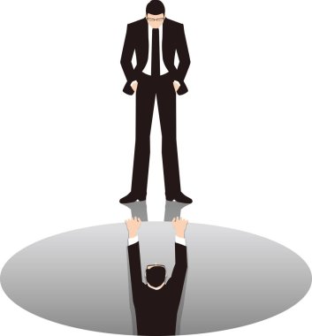 Bir deliğe düşmek üzere olan bir iş adamının görüntüsü ve kenarda duran bir iş adamı. 