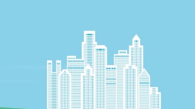 Illustrations of buildings and renewable energy solar panels and wind, ocean power