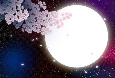  Geceleyin kiraz çiçeklerinin, ayın ve Japon desenlerinin arkaplan resmi