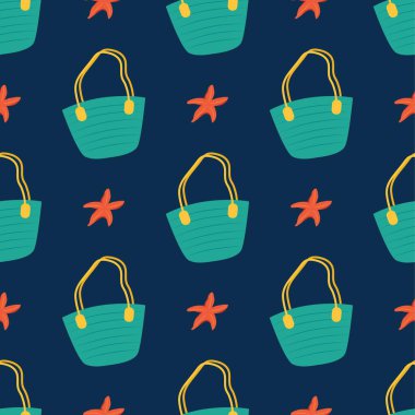 Summer cute pattern. Summer women's bag and a starfish on a dark blue background. Flat vector illustration