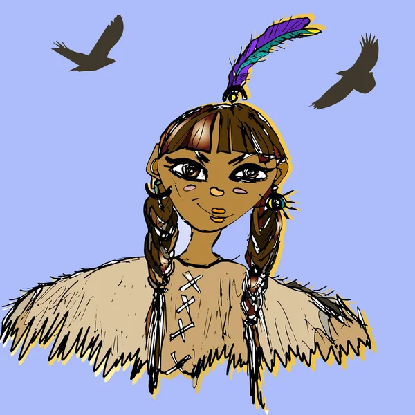 Funny Native American Girl Sly Grin Aigles Prairie Robe Nationale — Image vectorielle