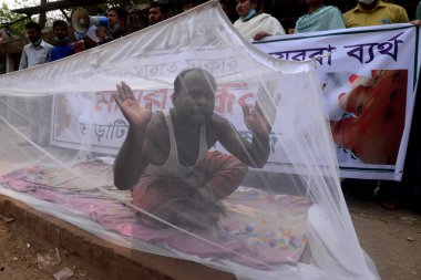 Sosyal aktivistler, 12 Mart 2021 'de Bangladeş' in Dhaka kentindeki Ulusal Basın Kulübü 'nün önündeki sivrisineklerin dayanılmaz istilasından başkent halkını korumak için sivrisinek ağıyla bir protesto gösterisi düzenlediler..