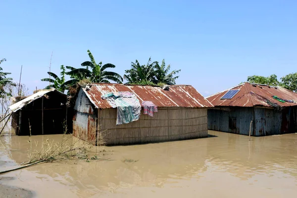 Casa Los Aldeanos Ven Rodeados Por Agua Inundación Distrito Bogra — Foto de Stock