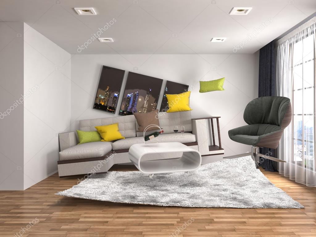 Zero Gravity Sofa Hovering In Living Room 3d Illustration