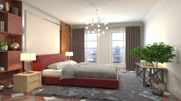 Bedroom interior. Bed. 3d illustration.