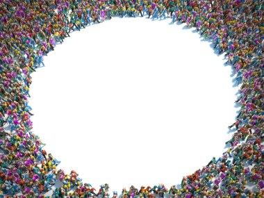 Large group of people seen from above, gathered in the shape of 