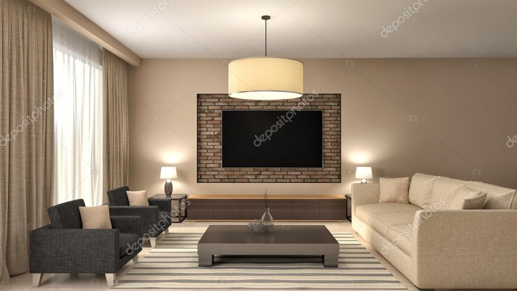 Moderne bruin woonkamer interieur design. 3d illustratie ...