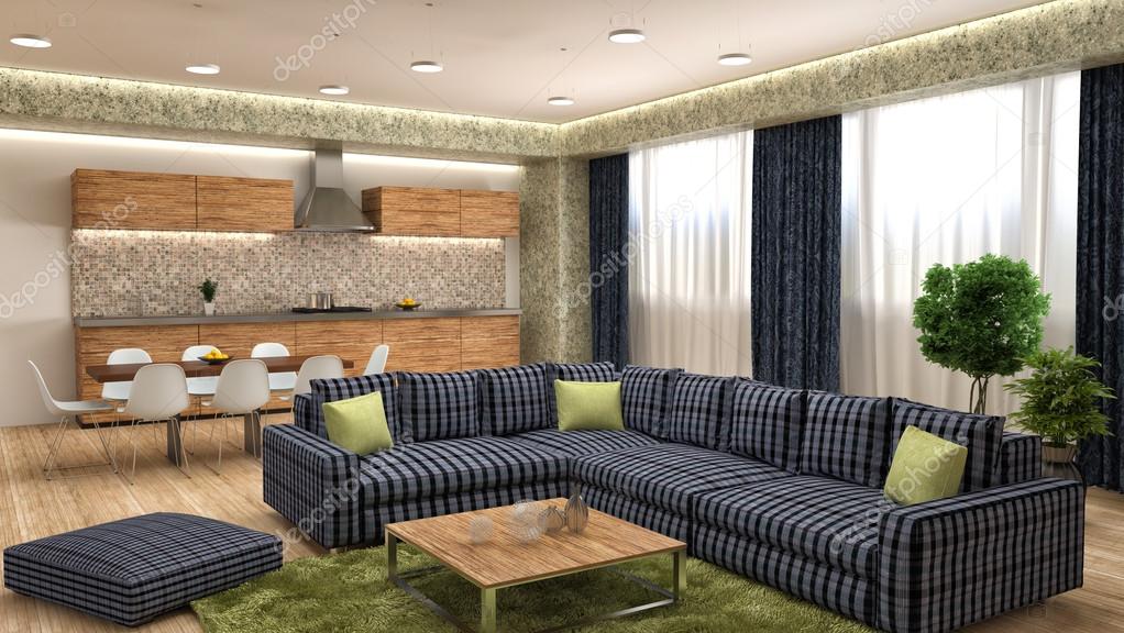 Moderne Küche und Wohnzimmer. 3D-Illustration — Stockfoto ... Moderne Küche und Wohnzimmer. 3D-Illustration — Stockfoto ...