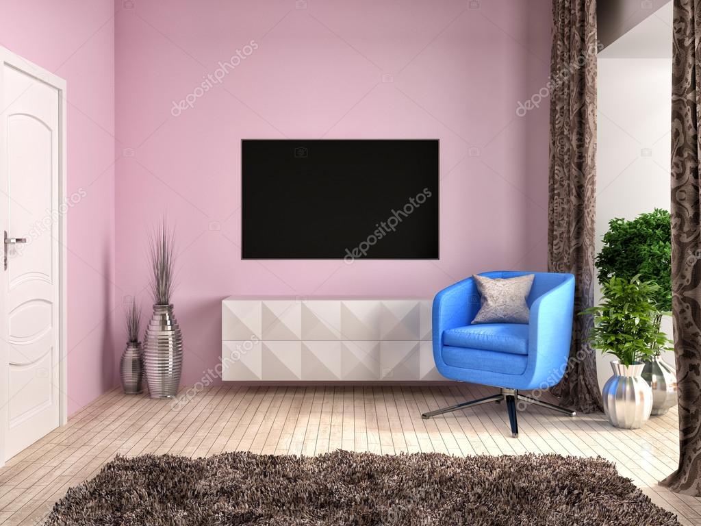 roze interieur met stoel en bruine gordijnen. 3D illustratie ... roze interieur met stoel en bruine gordijnen. 3D illustratie ...
