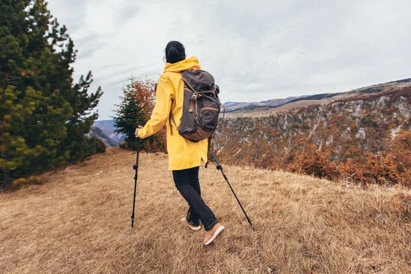 Feliz Mulher Meia Idade Com Mochila Capa Chuva Topo Montanha — Fotografia de Stock